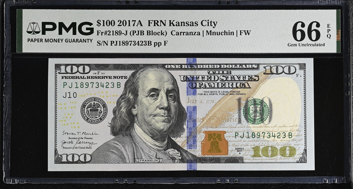 United States 100 Dollars USA 2017A P 548 J Kansas Gem UNC PMG 66 EPQ