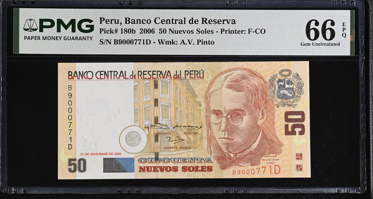 Peru 50 Nuevos Soles 2006 P 180 b Gem UNC PMG 66 EPQ , Graded Note