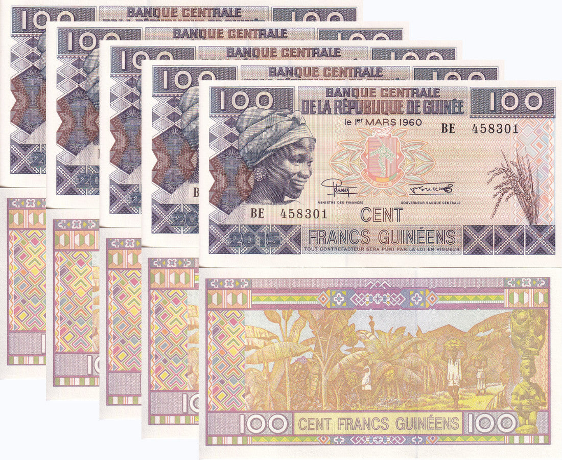Guinea 100 Francs 2015 P A47 UNC LOT 5 PCS 1/20 Bundle