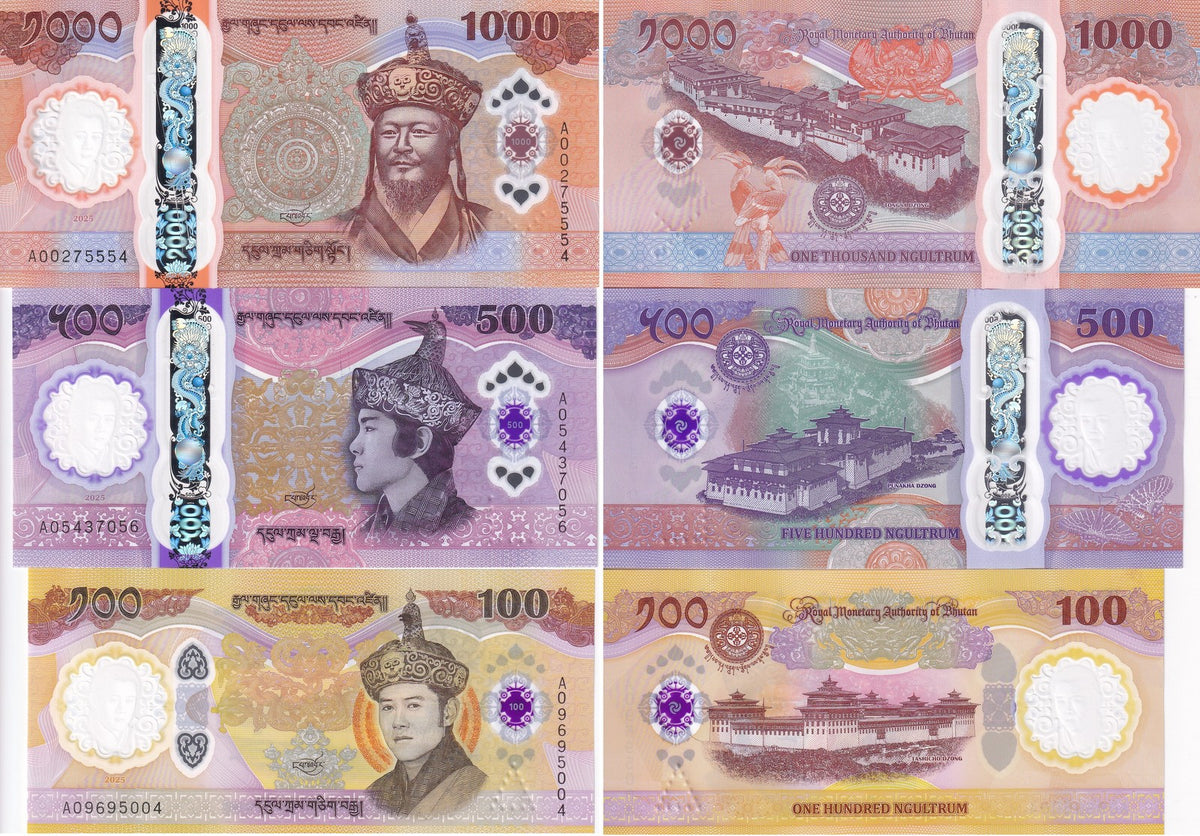 Bhutan SET 3 AU 100 500 1000 Ngultrum 2025 2026 70th Commemorative Polymer AUnc