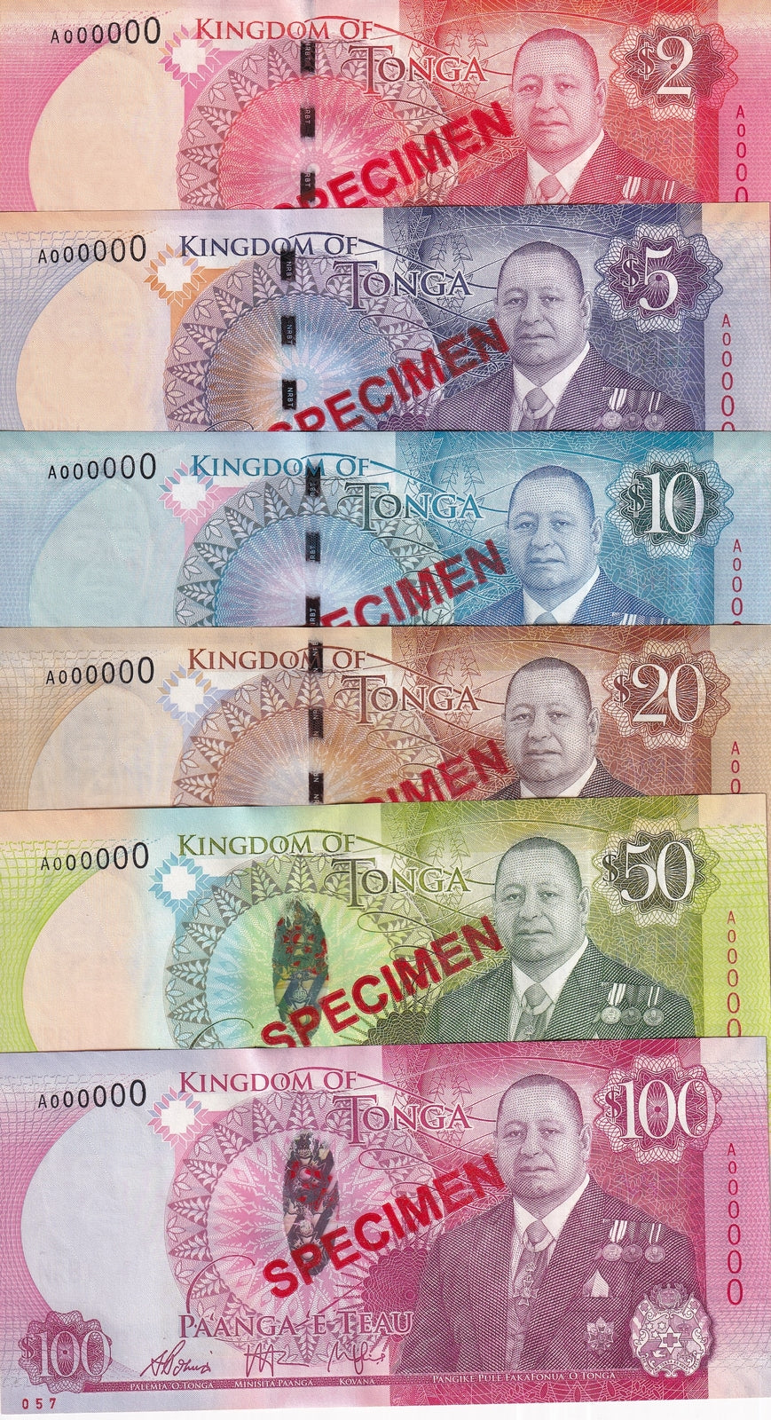 Tonga Set 6 UNC 2 5 10 20 50 100 Pa'anga ND 2015 P 44 45 46 47 48 49 SPECIMEN