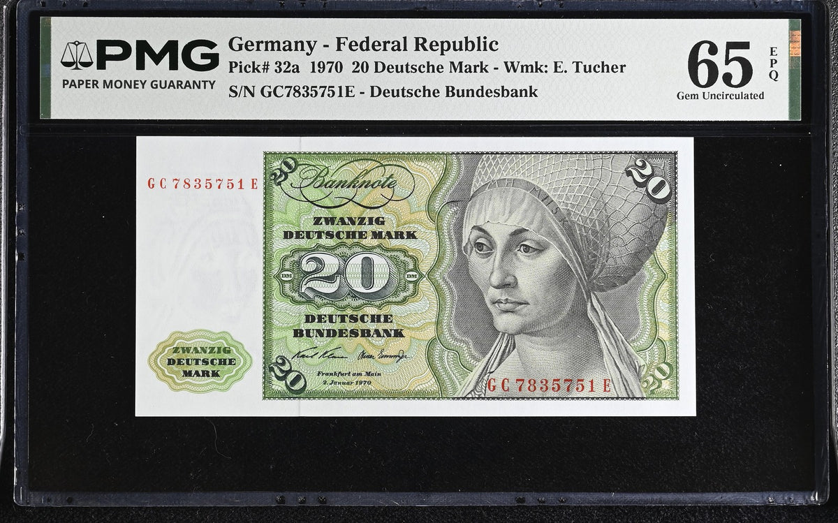 Germany Federal Republic 20 Mark 1970 P 32 a Gem UNC PMG 65 EPQ