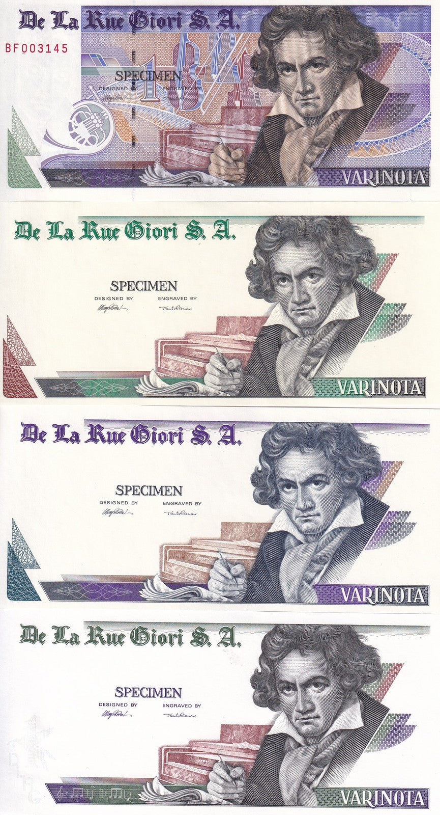 TEST Note set 4 BEETHOVEN SPECIMEN VARINOTA DE LA RUE Single and Double-sided
