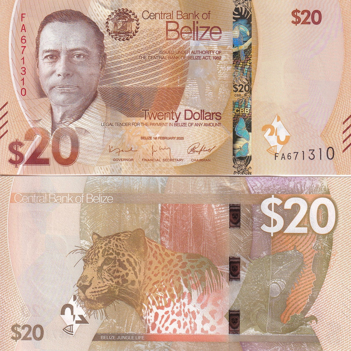 Belize 20 Dollars 2025 P 76 NEW Design iguana Jaguar UNC