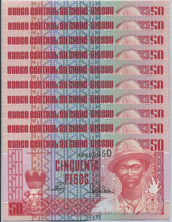 Guinea Bissau 50 Pesos 1990 P 10 UNC Lot 10 Pcs