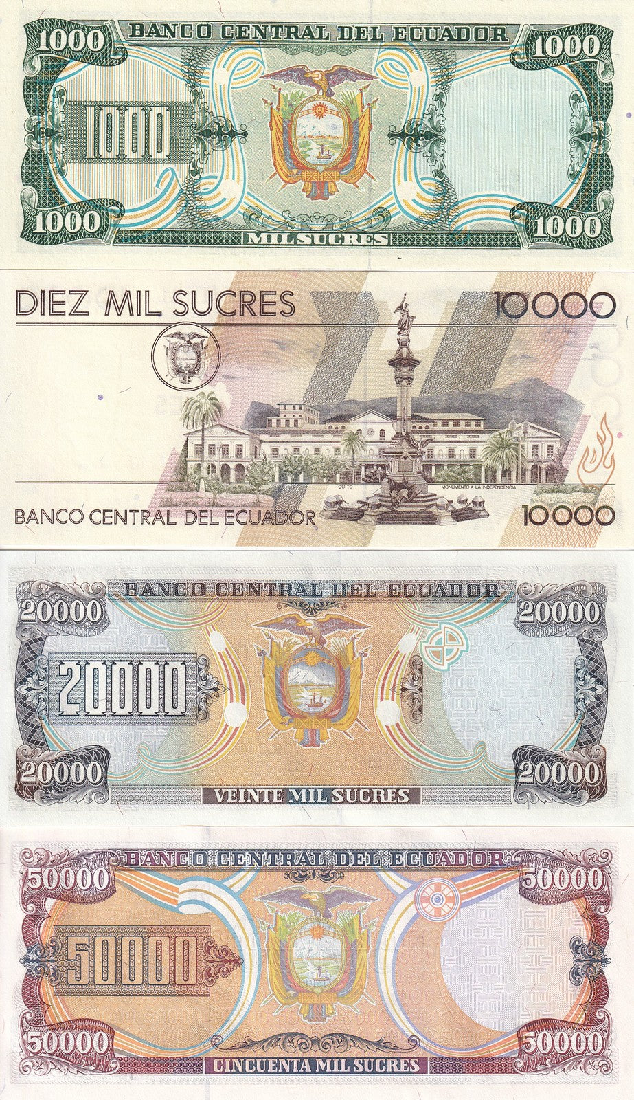Ecuador Set 4 UNC 1000 10000 20000 50000 Sucres 1988 1999 P 125 127 129 130