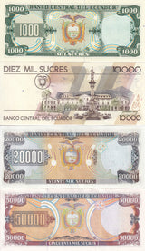 Ecuador Set 4 UNC 1000 10000 20000 50000 Sucres 1988 1999 P 125 127 129 130