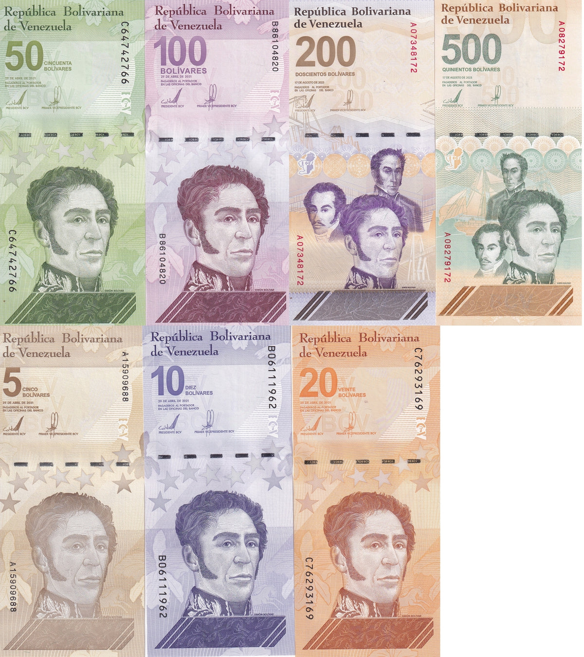 Venezuela Set 7 UNC 5 10 20 50 100 200 500 Digitales 2021-2023 P 115-121 FullSet