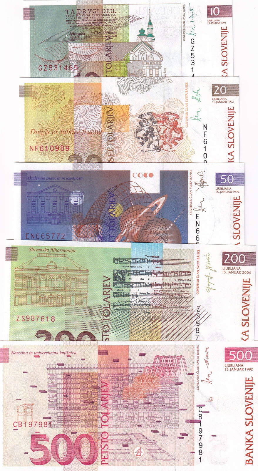 Slovenia Set 5 PCS 10 20 50 200 500 Tolajev 1992 P 11 12 13 15 16 UNC