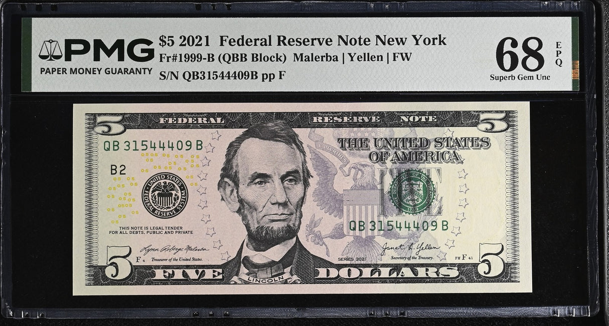 United States 5 Dollars Usa 2021 P 551 B New York Superb Gem UNC PMG 68 EPQ TOP