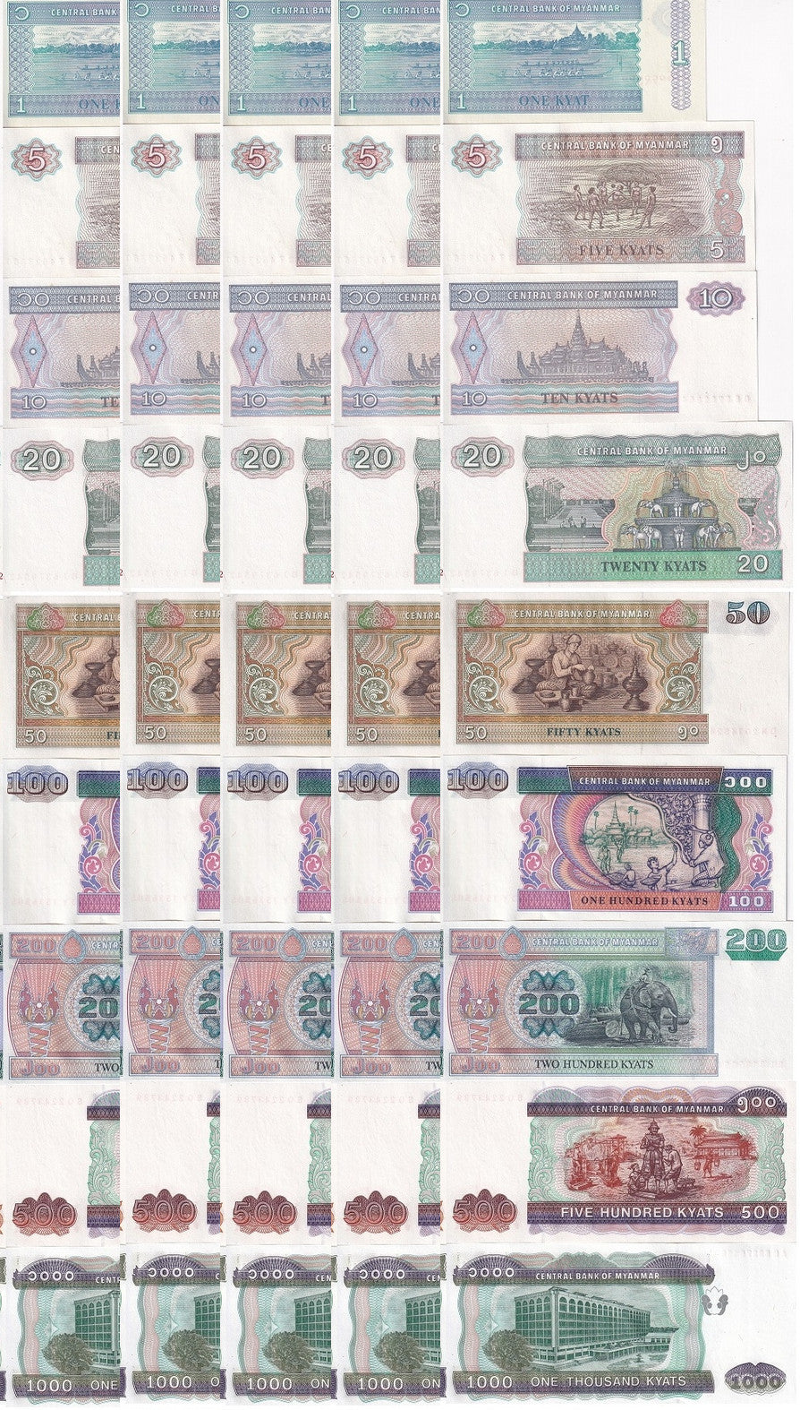 Myanmar set 9 X 5 SETS = 45 UNC 1 5 -200 500 1000 Kyats 1995-2004 P 69 70 -79 80