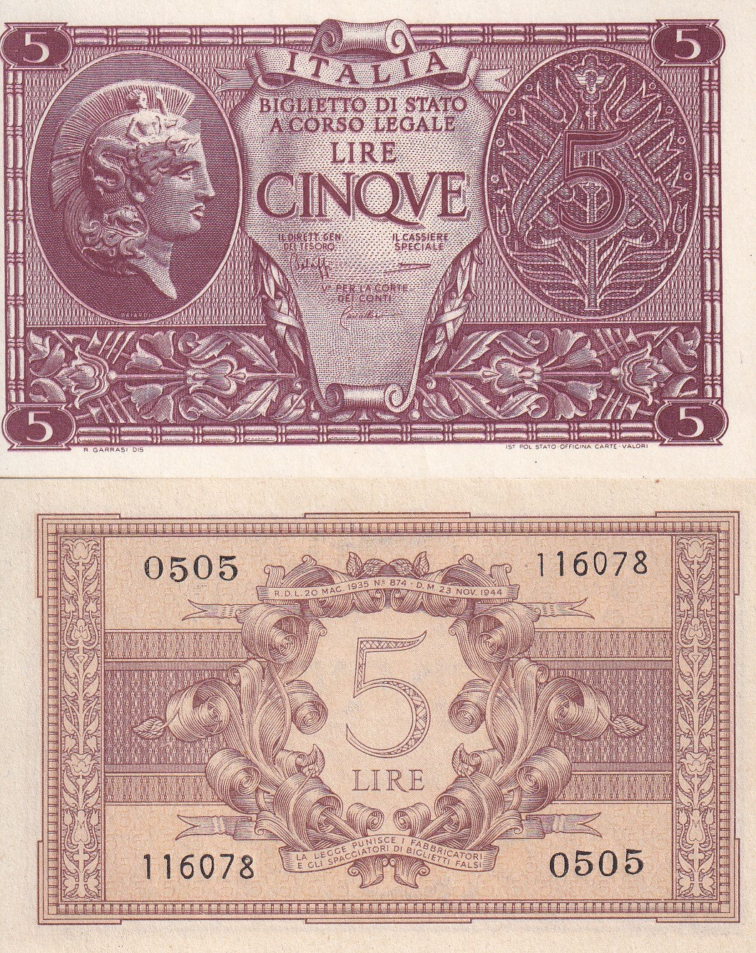 Italy 5 Lire 1944 P 31 c UNC ,Istituto Poligrafico dello Stato, Athena