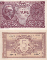 Italy 5 Lire 1944 P 31 c UNC ,Istituto Poligrafico dello Stato, Athena