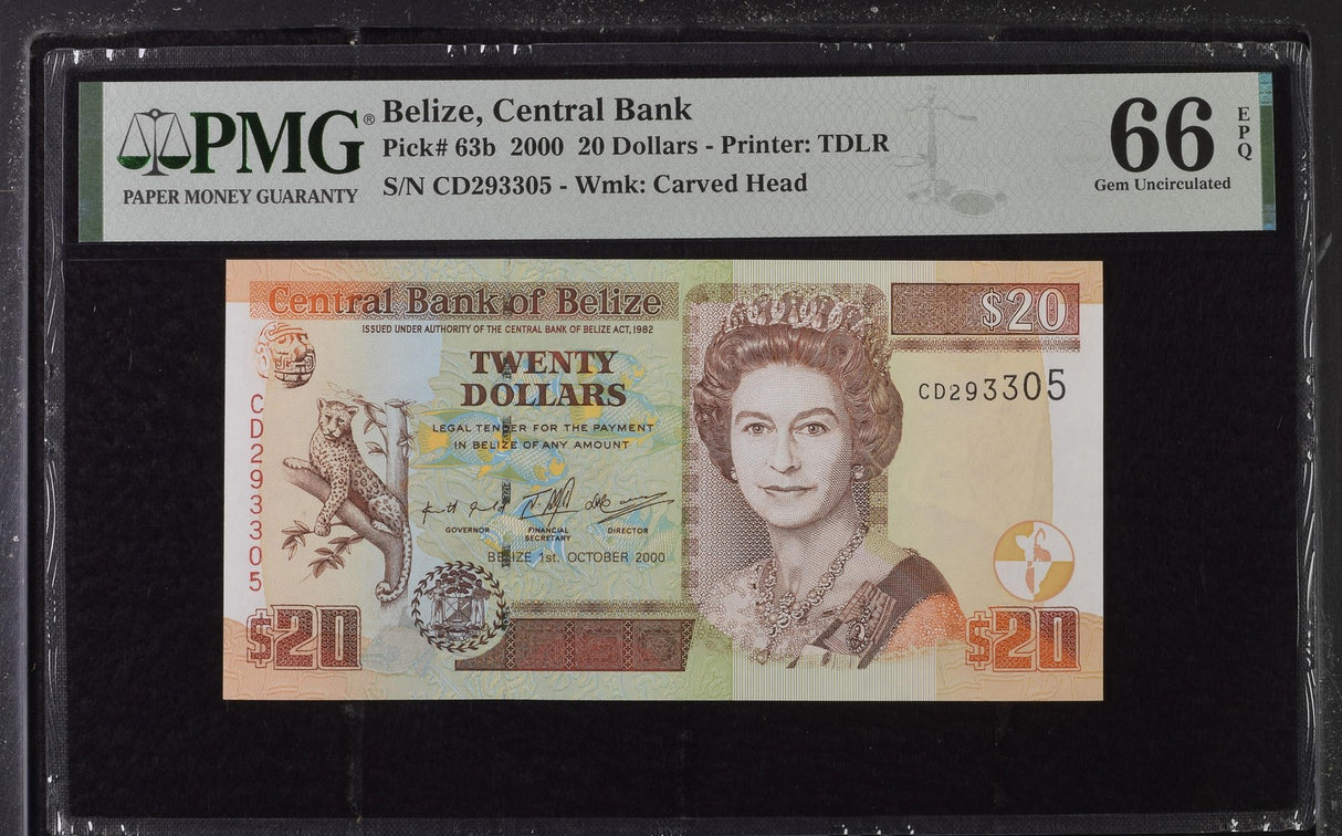 Belize 20 Dollars 2000 P 63 b Gem UNC PMG 66 EPQ