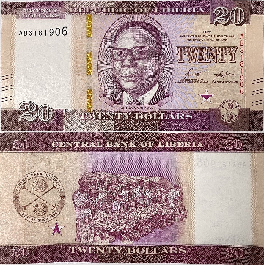 Liberia 20 Dollars 2022 P 39 UNC ,William Vacanarat Shadrach Tubman