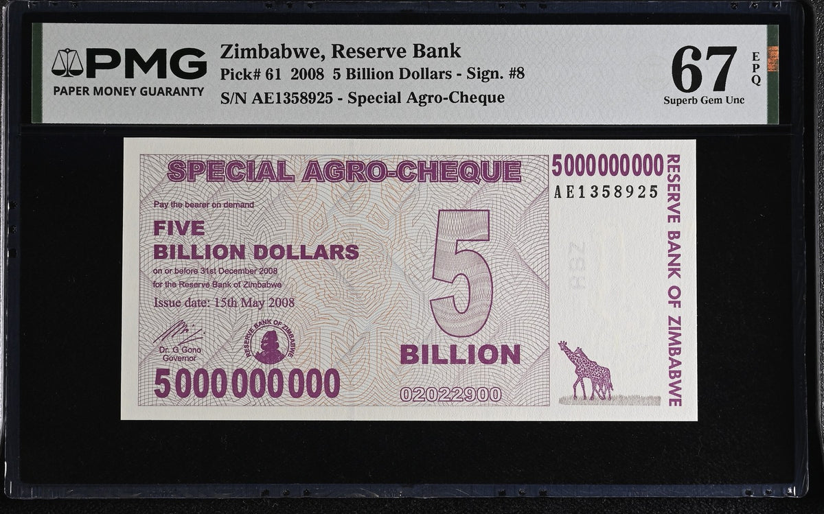 Zimbabwe 5 Billion Dollars 2008 P 61 Superb Gem UNC PMG 67 EPQ