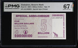 Zimbabwe 5 Billion Dollars 2008 P 61 Superb Gem UNC PMG 67 EPQ