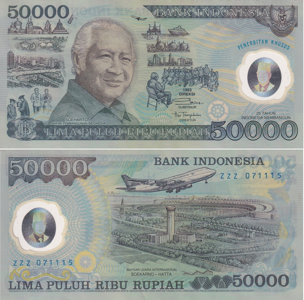 Indonesia 50000 Rupiah 1993 P 134 Polymer Soeharto, Soekarno-Hatta AUnc W/Folder