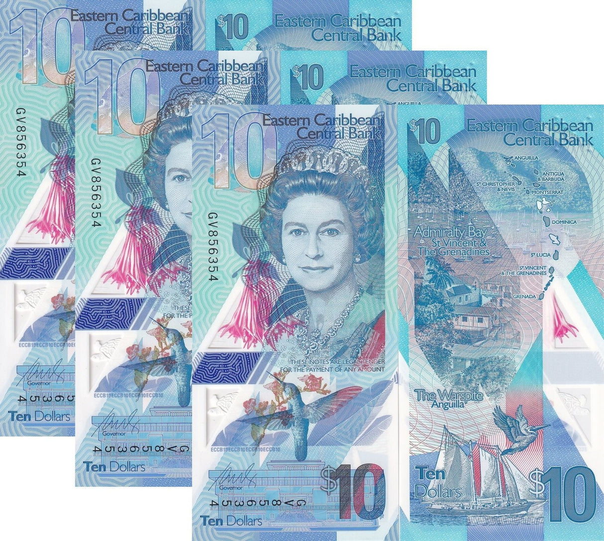 East Caribbean 10 Dollars ND 2019 P 56 Polymer QE II UNC LOT 3 PCS