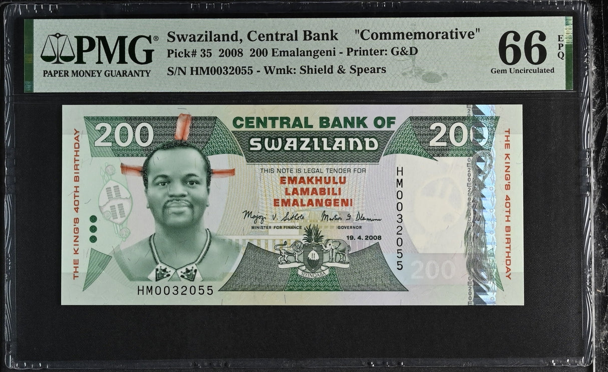 Swaziland 200 Emalangeni 2008 P 35 Commemorative Gem UNC PMG 66 EPQ