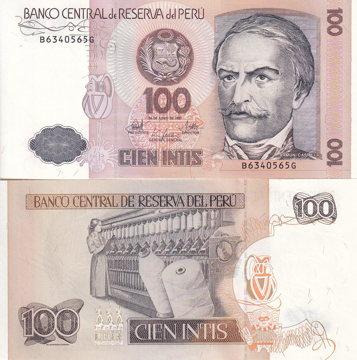 Peru 100 Intis 1987 P 133 UNC Printer Bundesdruckerei, Berlin