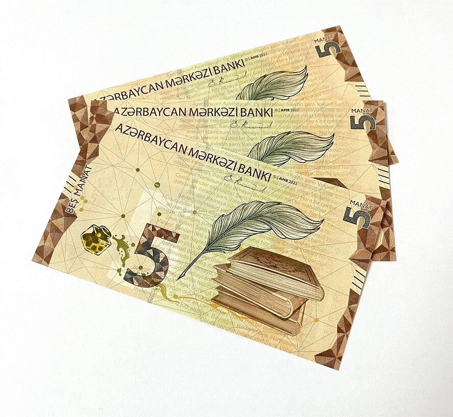 Azerbaijan 5 Manat ND 2022 P 39 UNC LOT 3 PCS ,stylized figures, Books quill pen