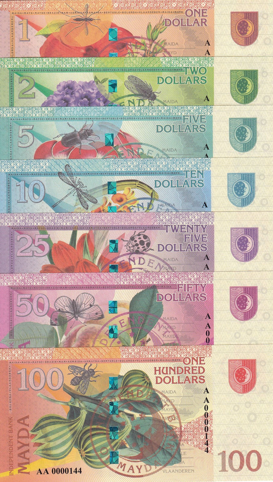 MAYDA Set 7 , 1 2 5 10 25 50 100 Dollars Fantasy Insect Dragonfly flower