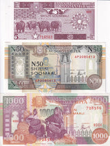 Somalia Set 3 UNC 5 50 1000 Shillings 1986 1991 1996 P R2 31 37 Port waterfront