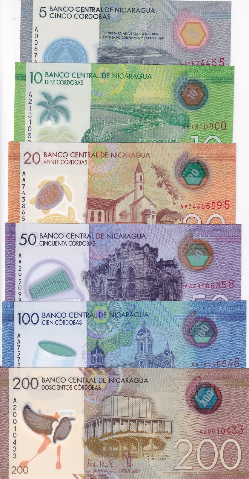 Nicaragua Set 6 UNC 5 10 20 50 100 200 Cordobas 2014-2022 Polymer P 209 -219 UNC