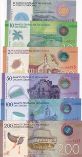 Nicaragua Set 6 UNC 5 10 20 50 100 200 Cordobas 2014-2022 Polymer P 209 -219 UNC