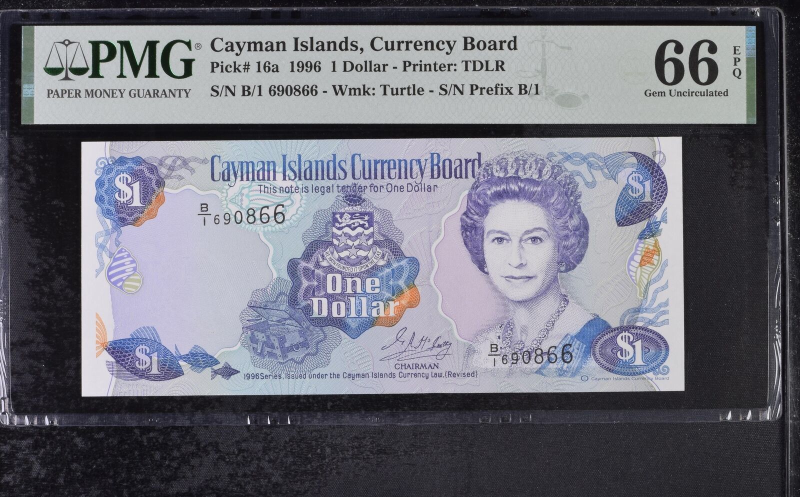 Cayman Islands 1 Dollar 1996 P 16 a B/1 Prefix Gem UNC PMG 66 EPQ –  Noteshobby