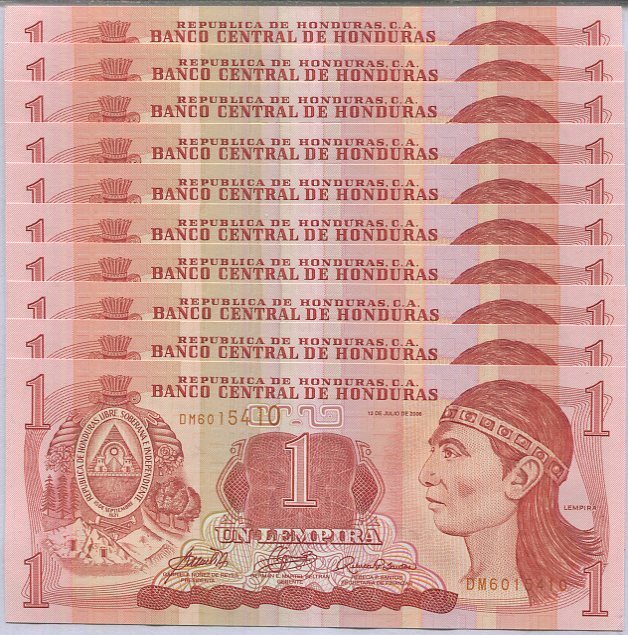 Honduras 1 Lempira 2006 P 84 e UNC LOT 10 PCS ,Pelota game arena, ruins of Copan