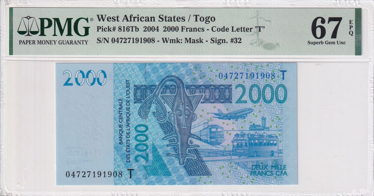 West African States Togo 2000 Francs 2004 P 816Tb Superb GEM UNC PMG 67 EPQ