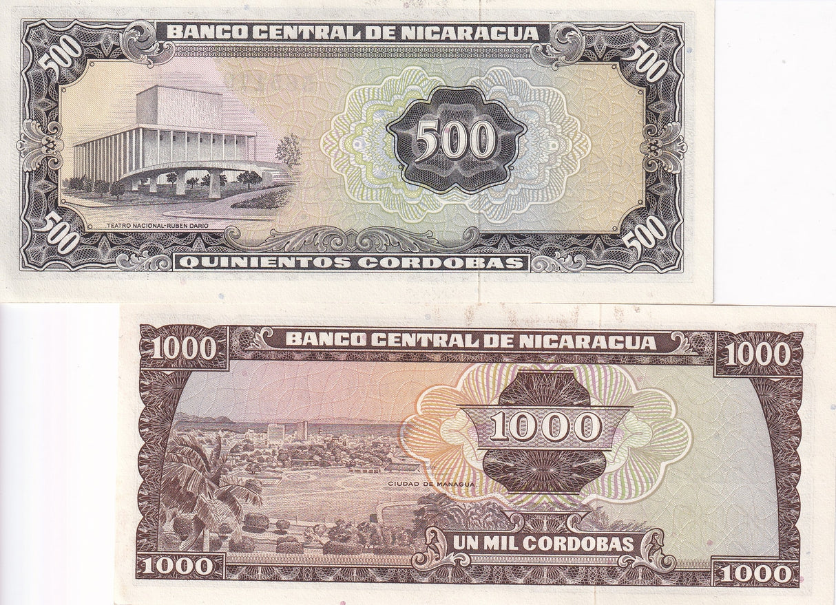Nicaragua Set 2 UNC 500 1000 Cordobas 1972 P 127 P 128