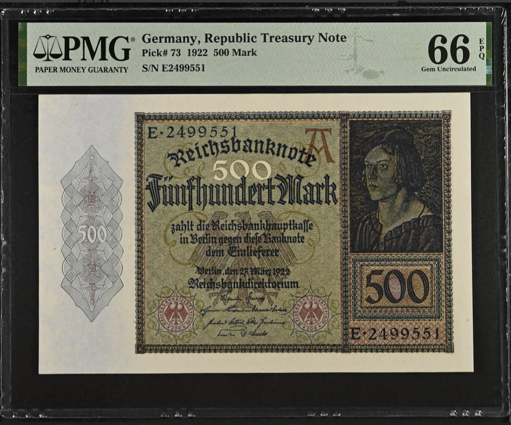 Germany Republic 500 Mark 1922 P 73 Gem UNC PMG 66 EPQ