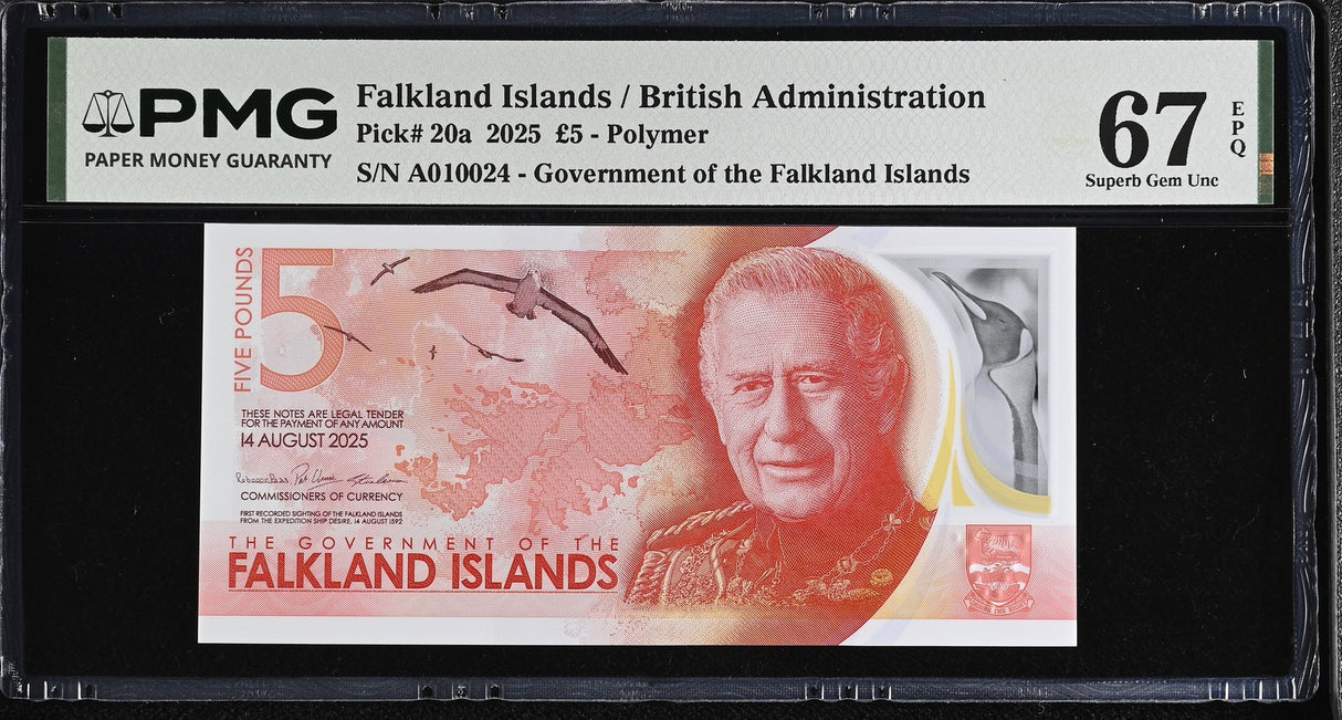 Falkland Islands 5 Pounds 2025 P 20 a Polymer Superb Gem UNC PMG 67 EPQ