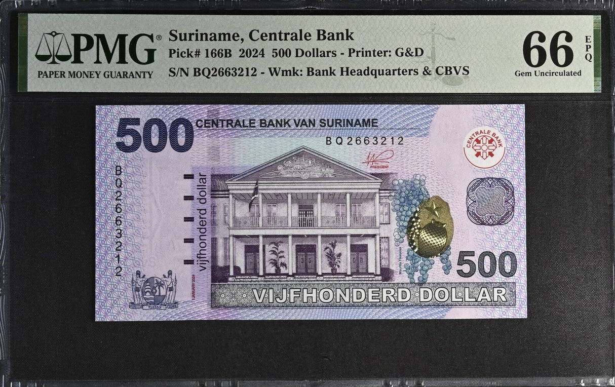 Suriname 500 Dollars 2024 P 166B Gem UNC PMG 66 EPQ