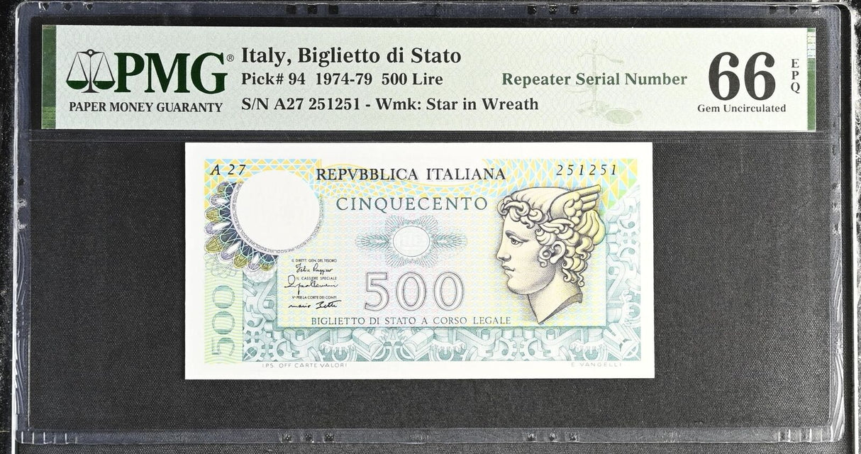 Italy 500 Lire 1974-1979 P 94 Repeater Gem UNC PMG 66 EPQ