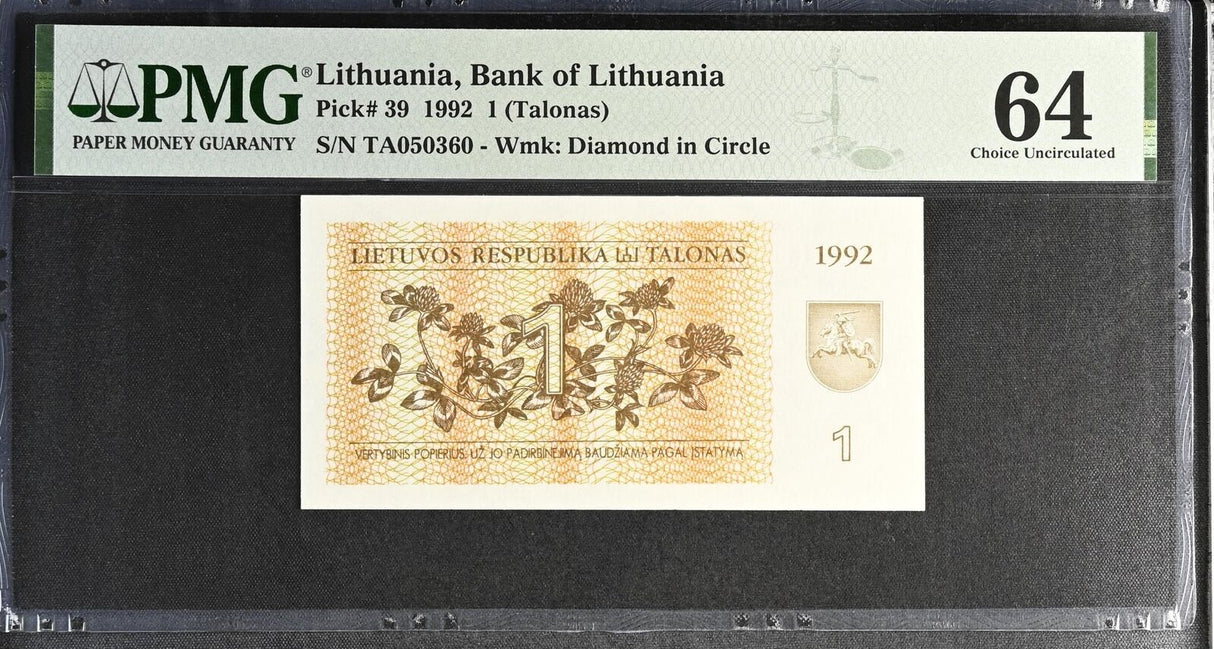 Lithuania 1 Talonu 1992 P 39 Choice UNC PMG 64