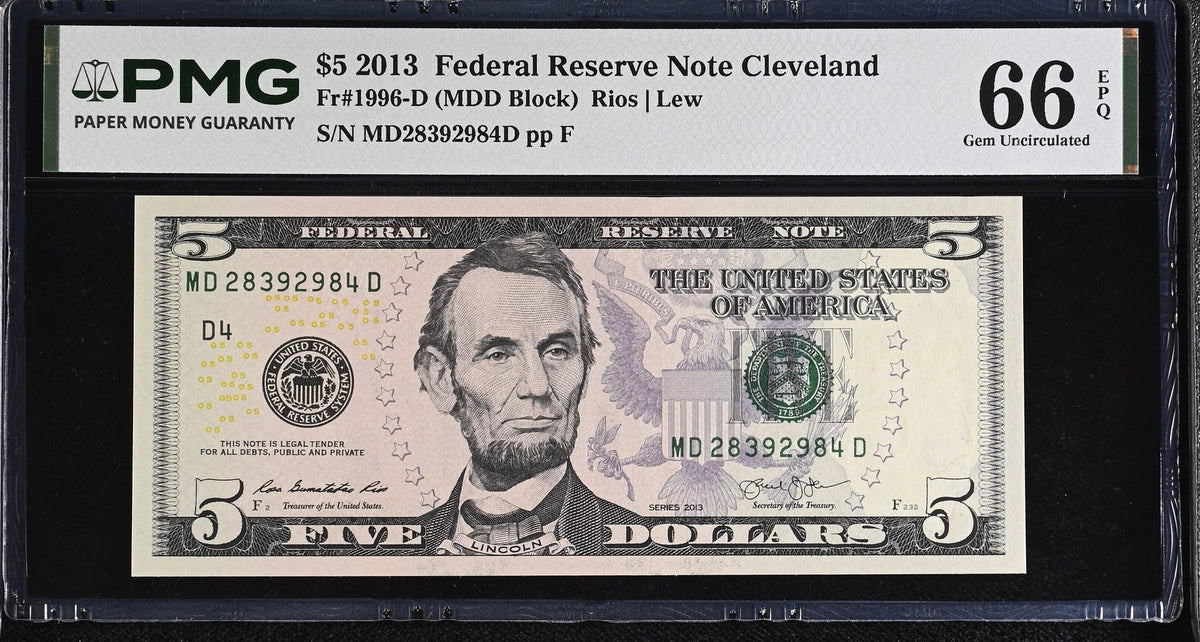 United States 5 Dollars Usa 2013 P 539 D Cleveland Gem UNC PMG 66 EPQ