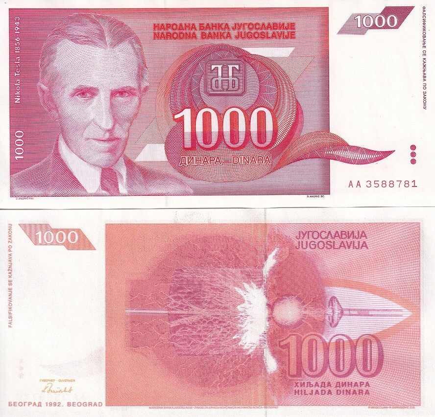Yugoslavia 1000 Dinara 1992 P 114 UNC, Nikola Tesla High frequency transformer