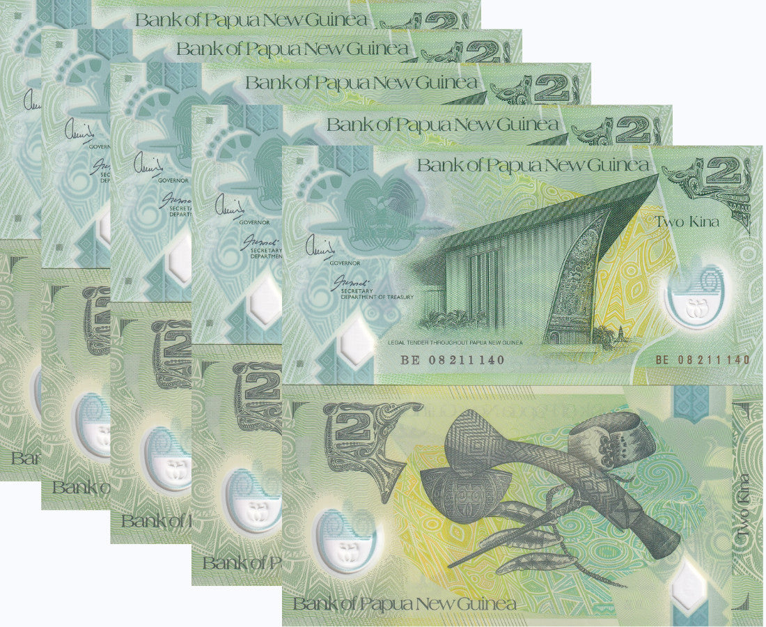 Papua New Guinea 2 Kina 2008 Polymer P 28 b UNC LOT 5 PCS ,Port Moresby