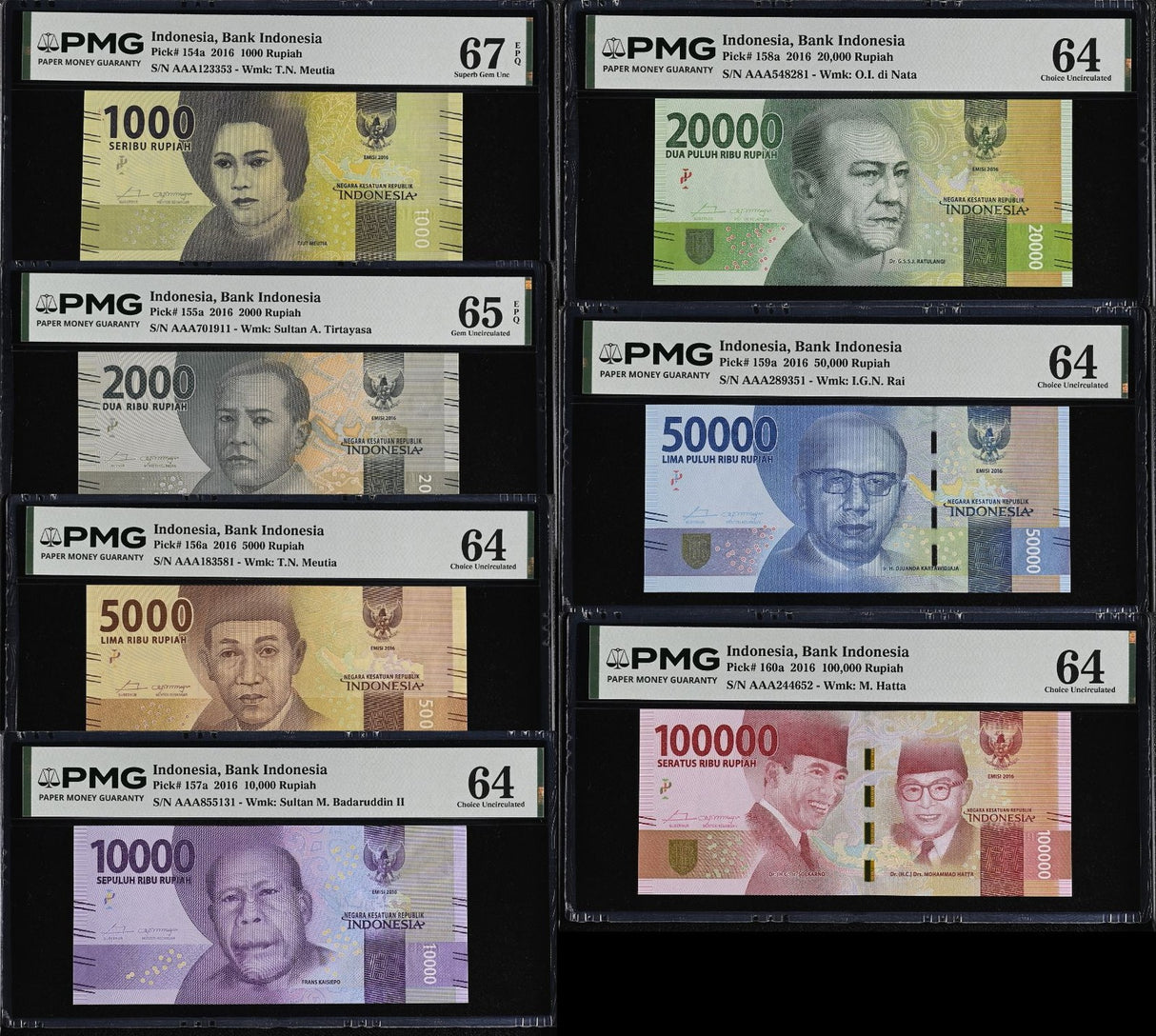 Indonesia Set 7; 100 200-100000 Rupiah 154- 160 2016 AAA Choice UNC PMG 64 65 67
