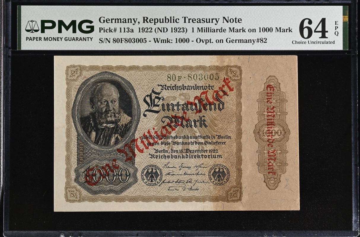 Germany 1 Milliarde Mark on 1000 Mark 1922 ND 1923 P 113 Choice UNC PMG 64 EPQ