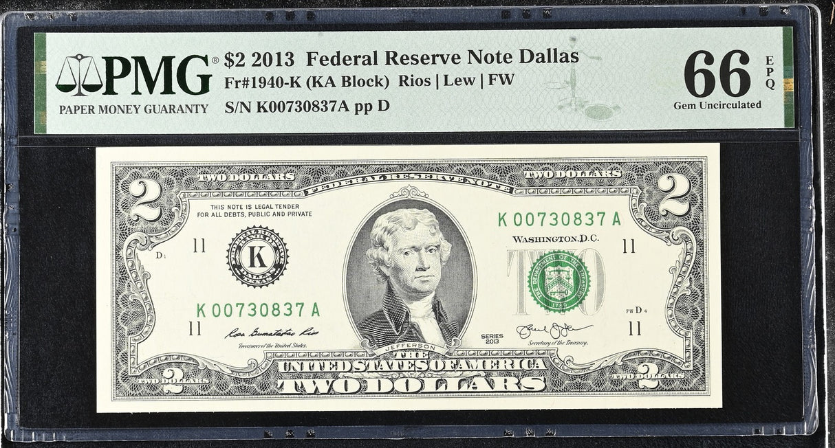 United States 2 Dollars USA 2013 P 538 K Dallas Gem UNC PMG 66 EPQ