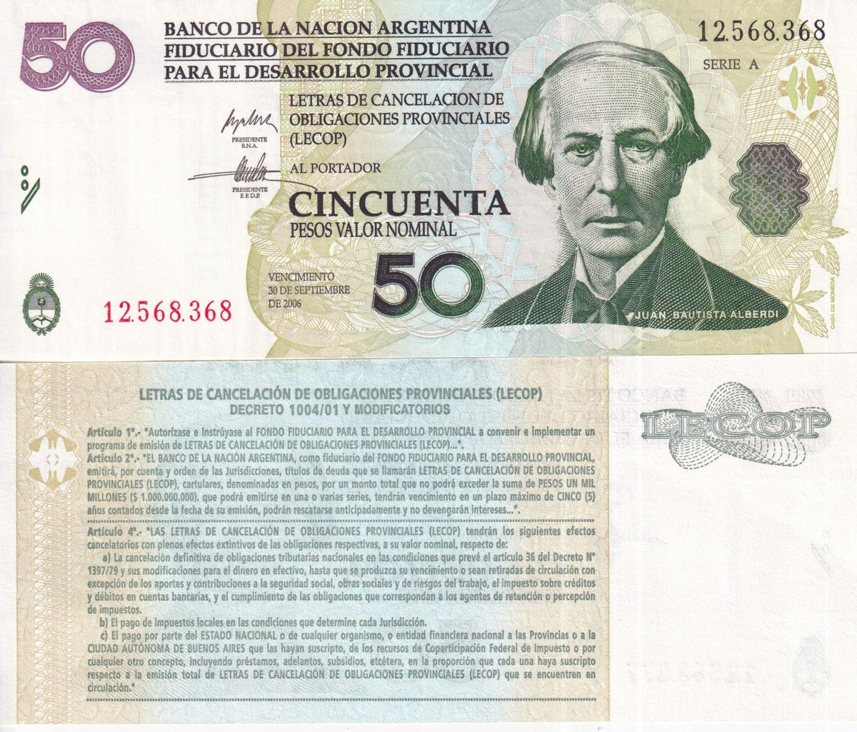 Argentina 50 Pesos 2006 Emergency Note , LECOP , P NL AUnc , AU