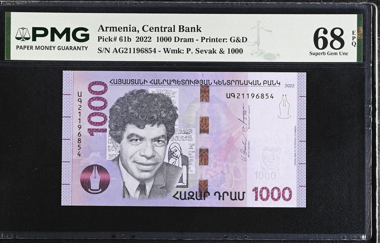 Armenia 1000 Dram 2022 P 61 b Superb Gem UNC PMG 68 EPQ TOP POP