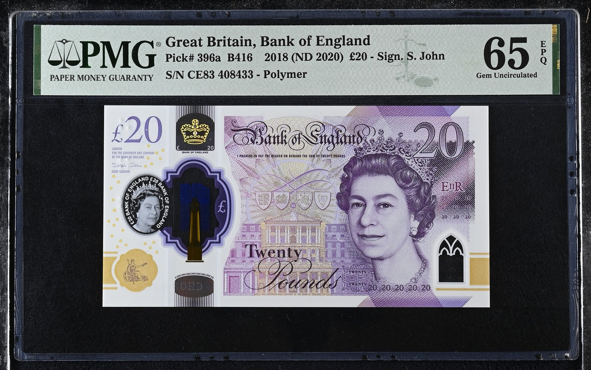 Great Britain 20 Pounds 2018 ND 2020 P 396 a Polymer QEII Gem UNC PMG 65 EPQ