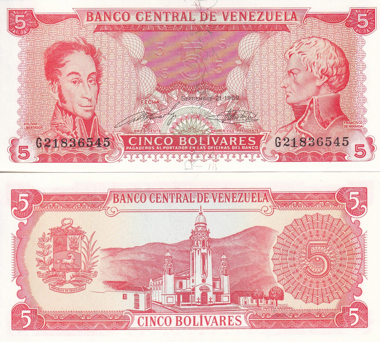 Venezuela 5 Bolivares 1989 P 70 b UNC