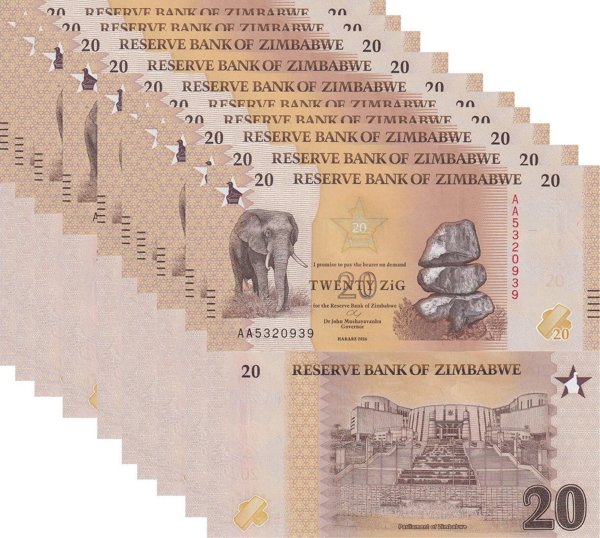 Zimbabwe 20 Zig 2026 P 116 New Design ELEPHANT UNC LOT 10 PCS